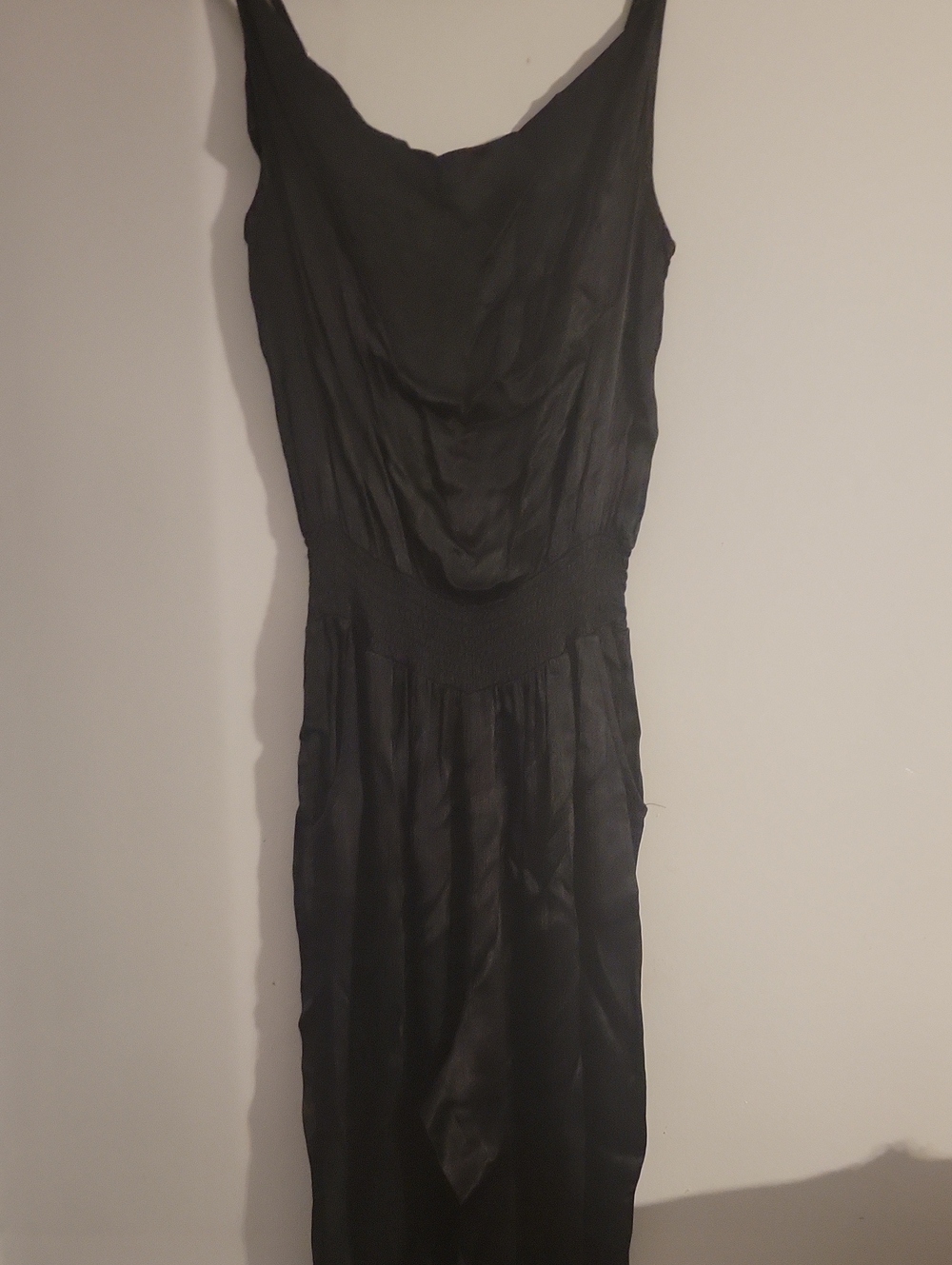 Black Satin-Effect Sleeveless Jumpsuit with Smocked Waistband